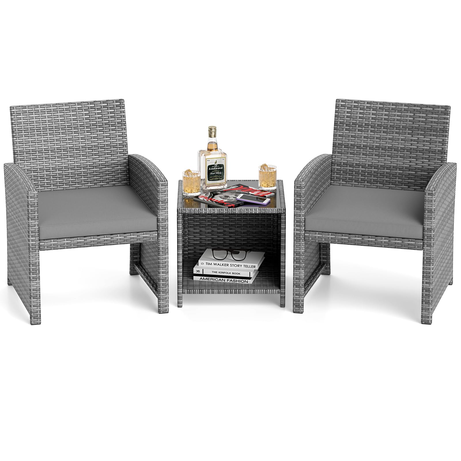 Tangkula 3 Pieces Patio Furniture Set with Tempered Glass Coffee Table